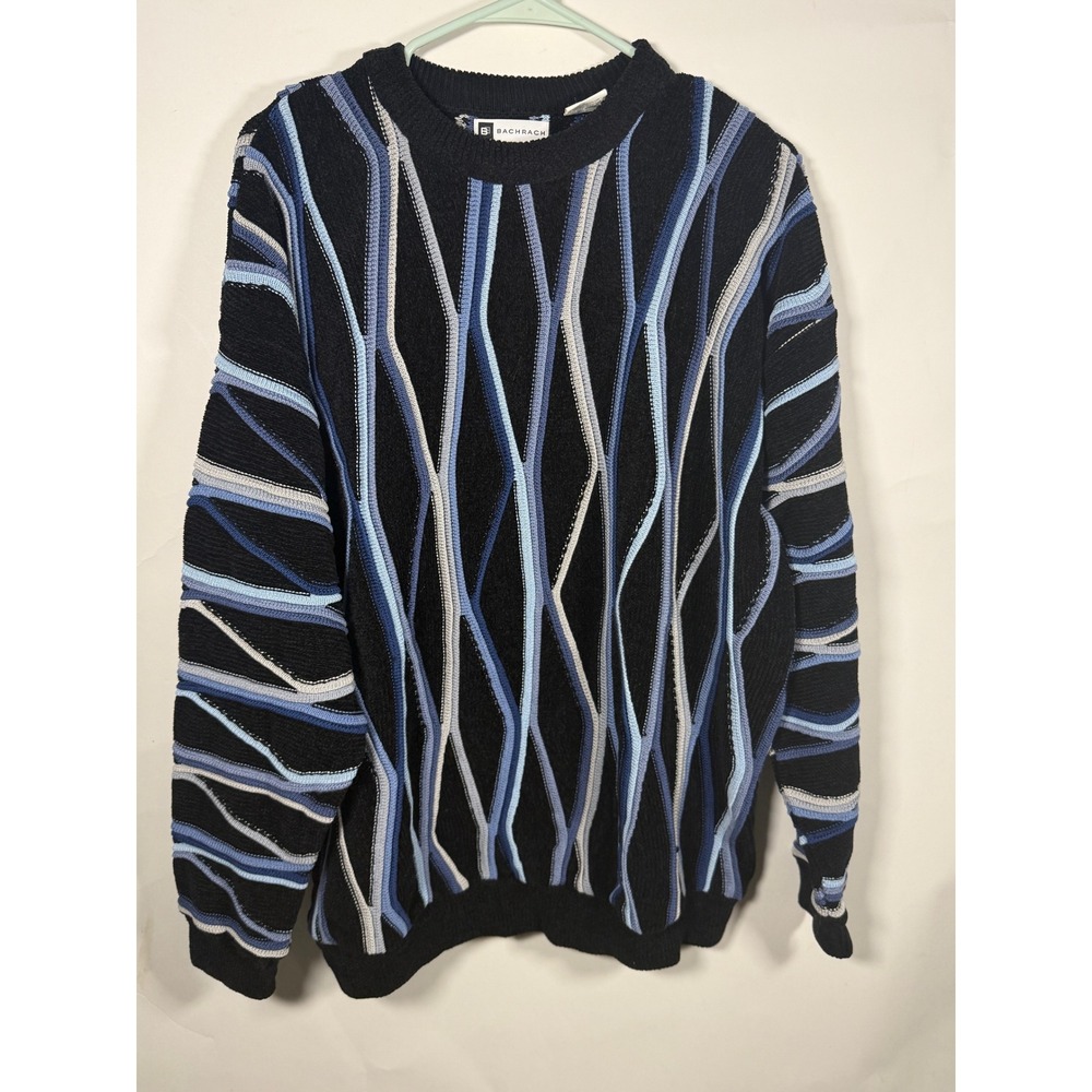 Bachrach Mens Large 3D Textured Knit Sweater Blue Black Wavy Stripe Coogi Style